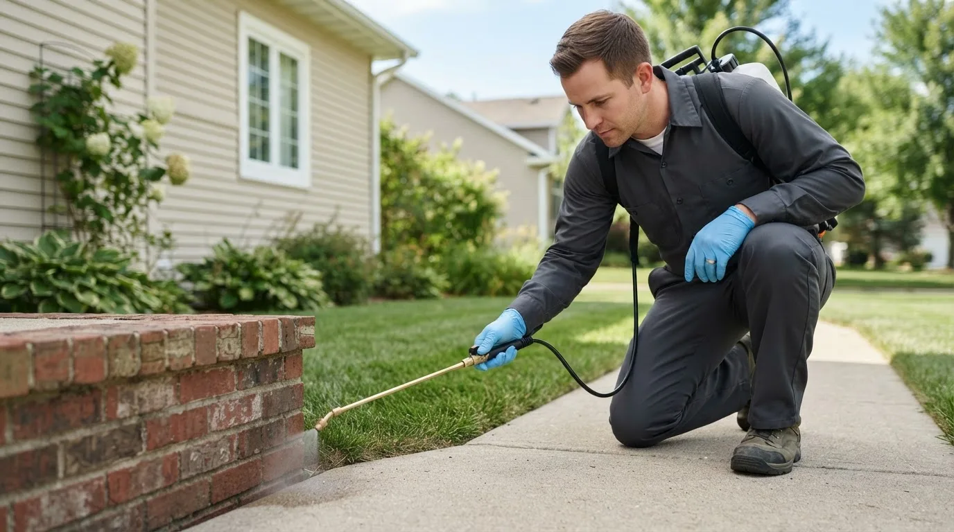 Pest control technician treating a home near Kingston, NH